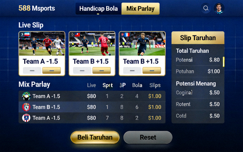 Tampilan antarmuka M88 Msports untuk taruhan bola handicap dan mix parlay