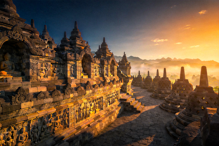 Candi Borobudur saat matahari terbit, warisan budaya dunia di Indonesia