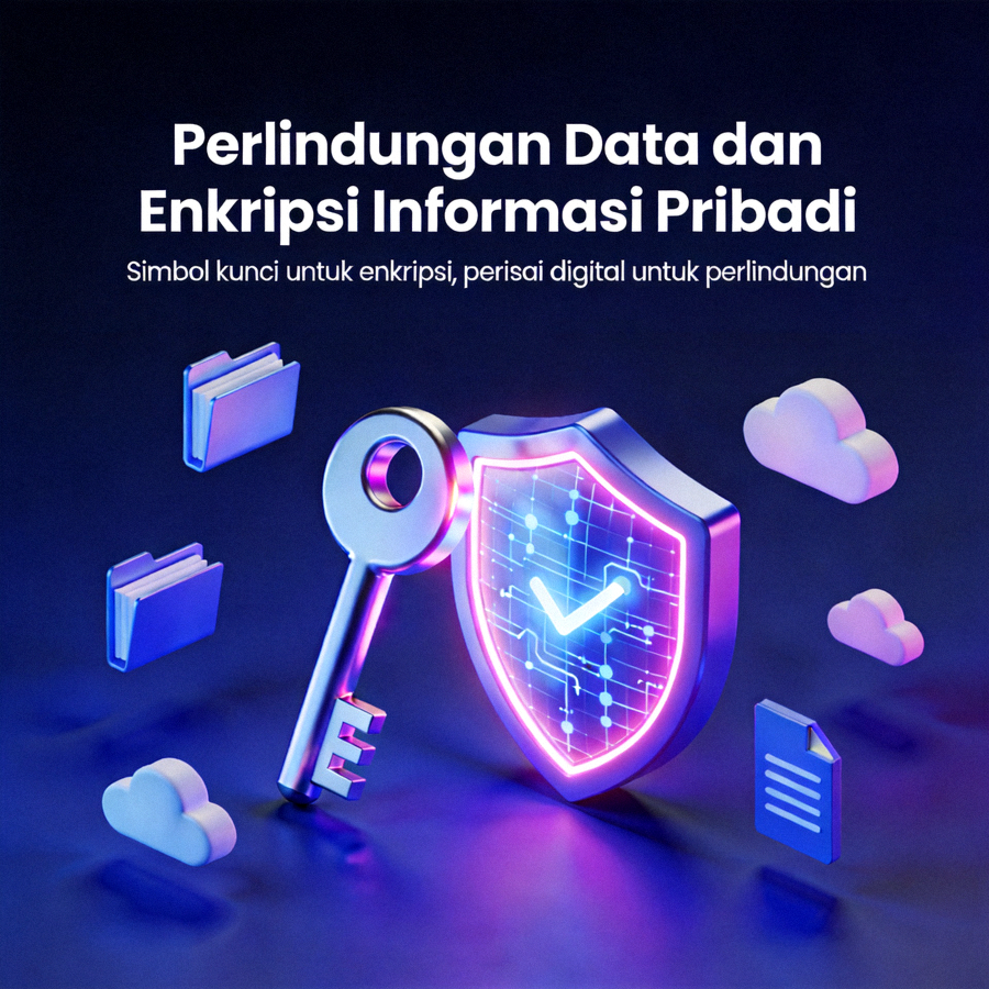 Ilustrasi enkripsi data dan perlindungan informasi pribadi dengan simbol kunci dan perisai digital