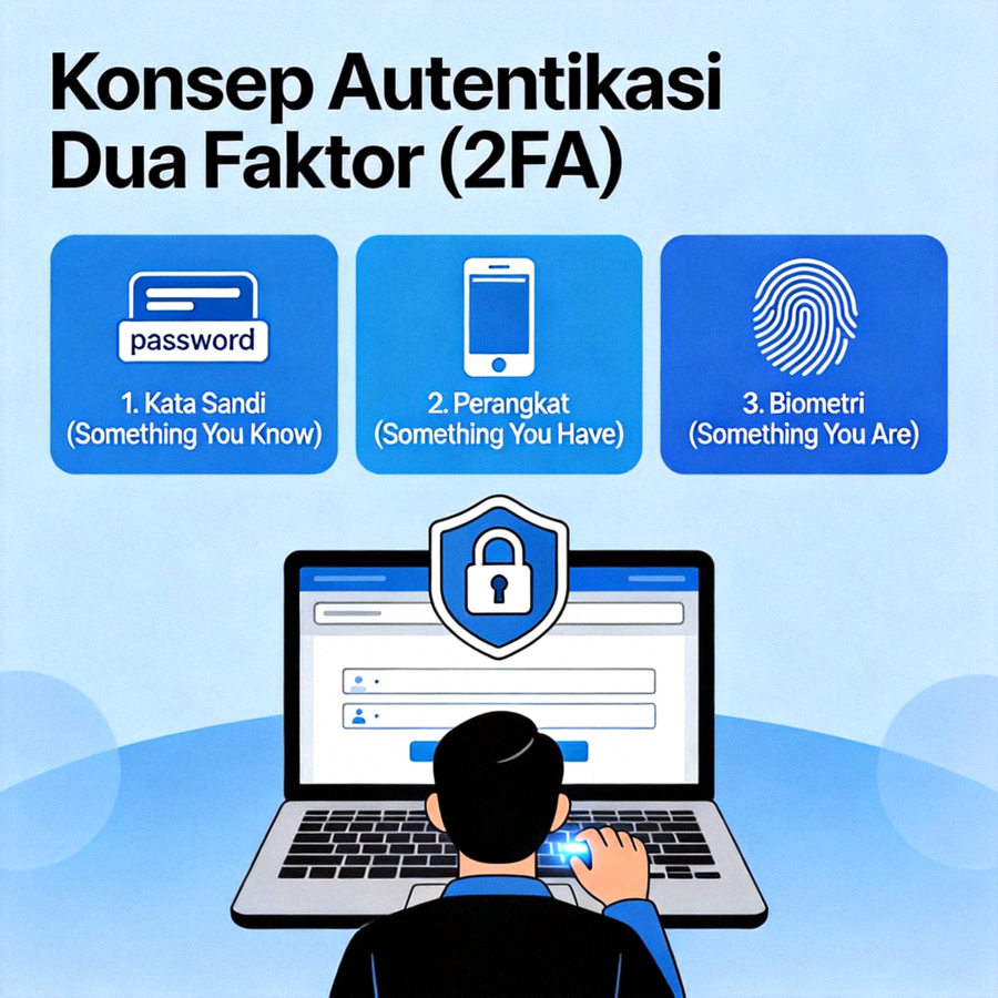 Konsep autentikasi dua faktor (2FA) untuk meningkatkan keamanan akun digital